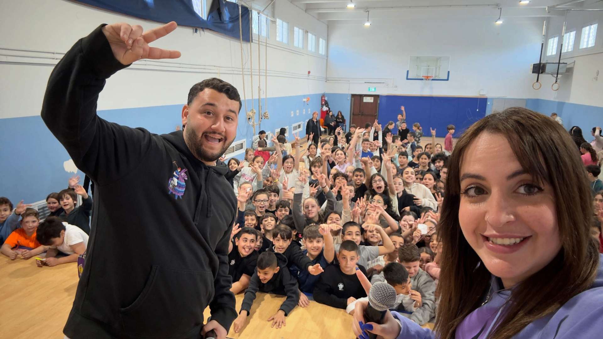 YouTubers with large group of students